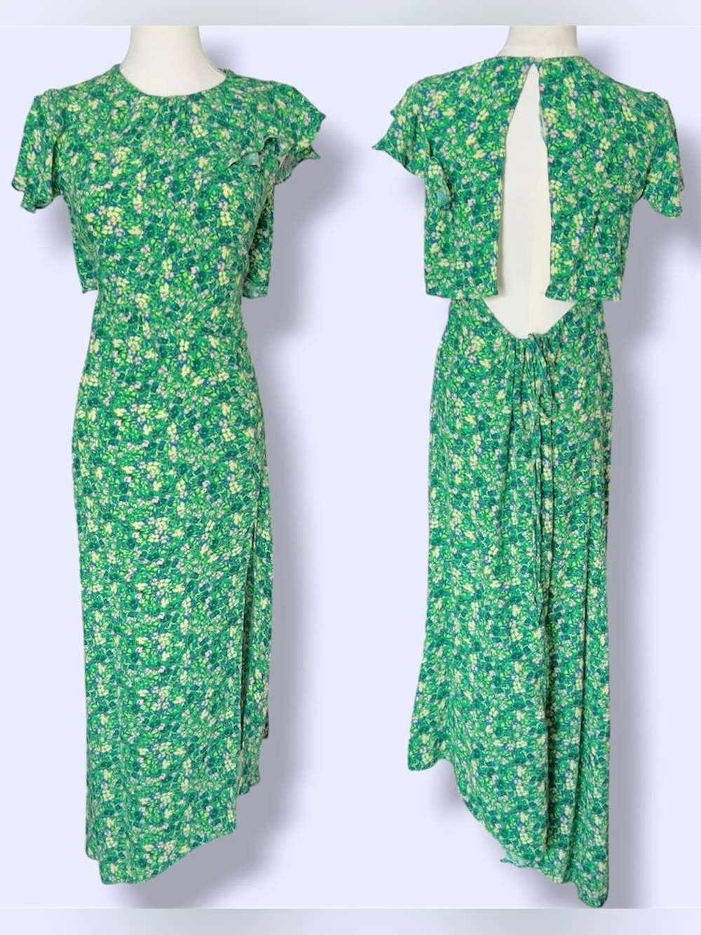 Topshop green fluro floral frill midi dress with asymmetric hem and thigh split